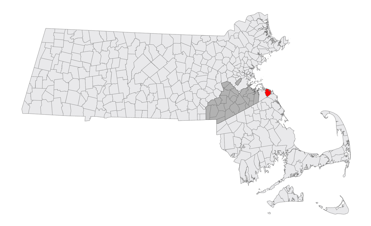A map of MA with Cohasset highlighted 