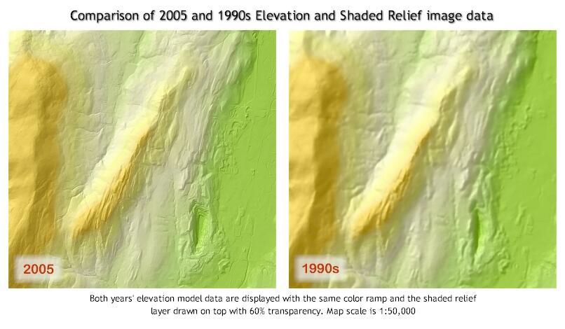 Comparison of 2005 and 1990s Elevation and Shaded Relief Image Data