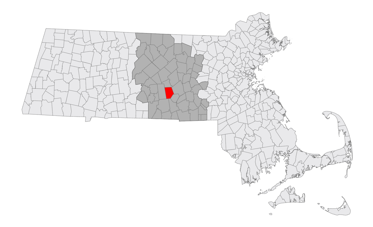 A map of MA with Leicester highlighted 
