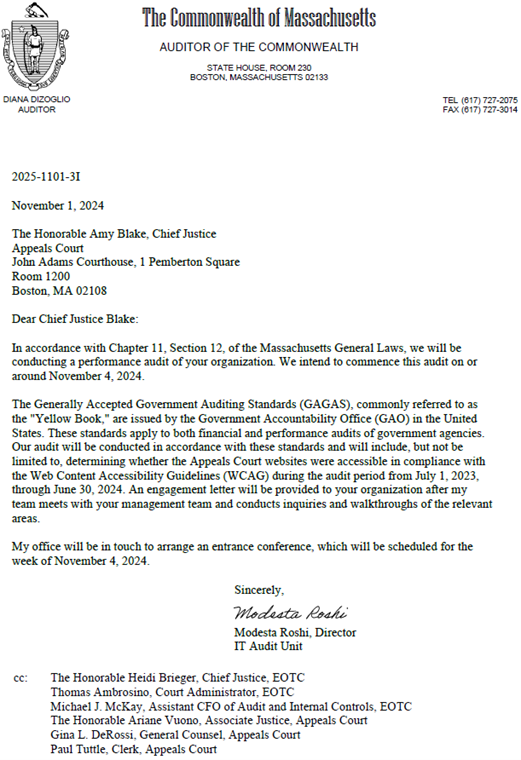 This is a copy of the letter of intent to conduct a performance audit that we sent to the Appeals Court.