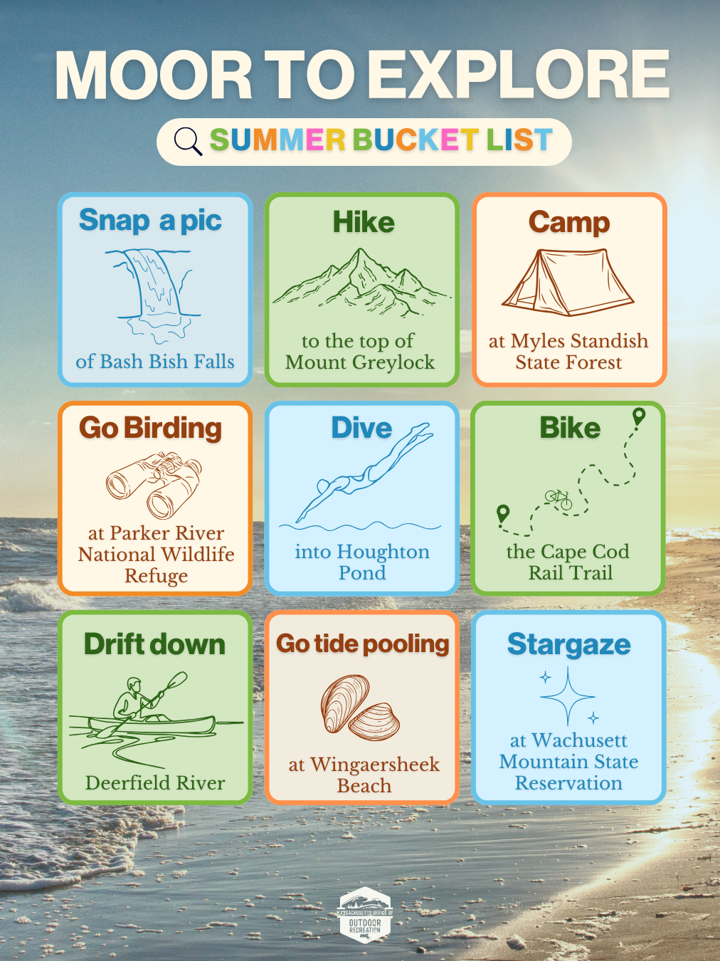 A beach shore in the background. A bingo card style graphic with different activities to do for the summer time in Massachusetts.