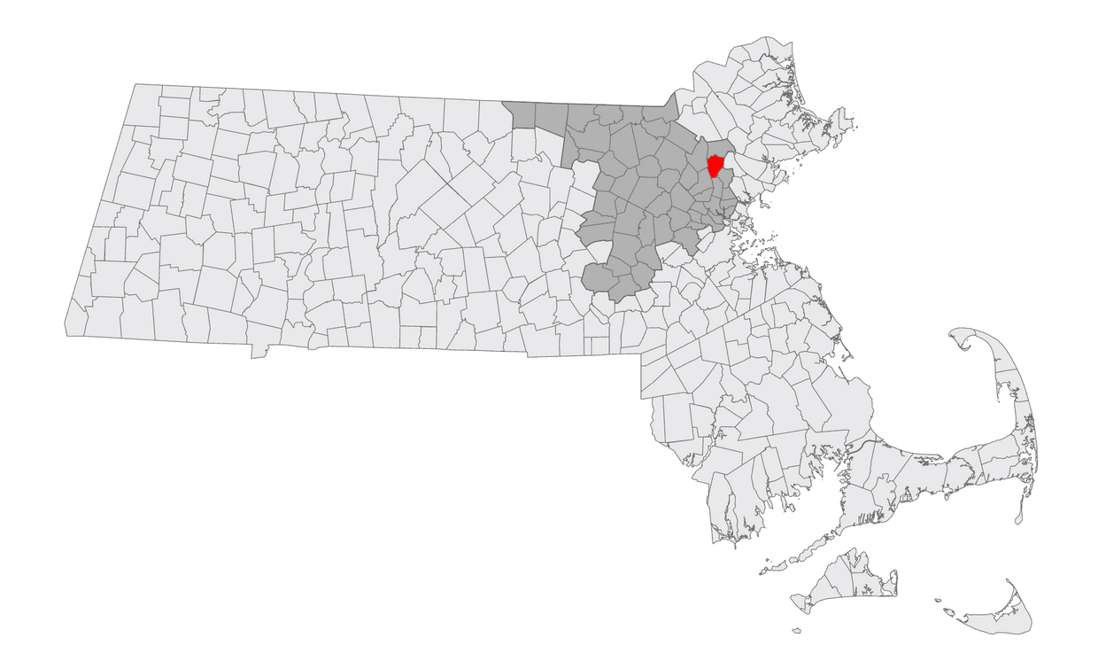 A map of MA with Reading highlighted 