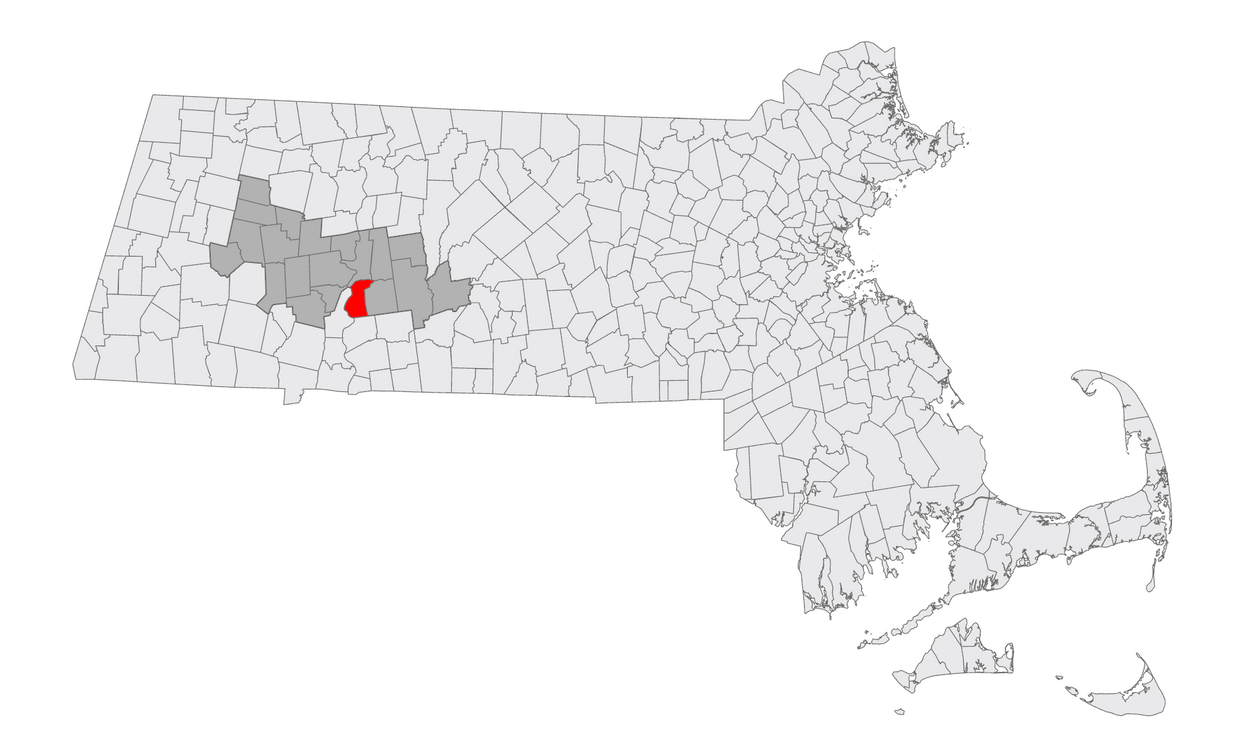 A map of MA with South Hadley highlighted 