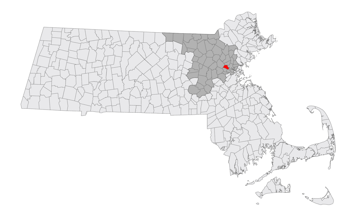 A map of MA with Arlington highlighted 