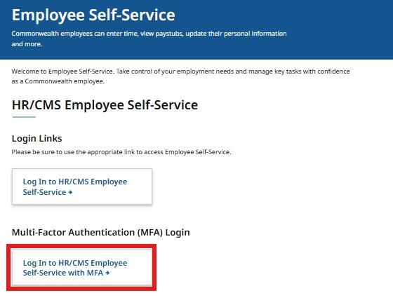 Screenshot of the MassHR landing page with the login to hr/cms with MFA button highlighted in red