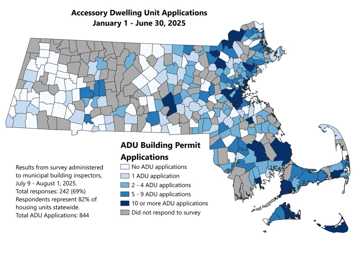 Map of all communities in Massachusetts with ADUs
