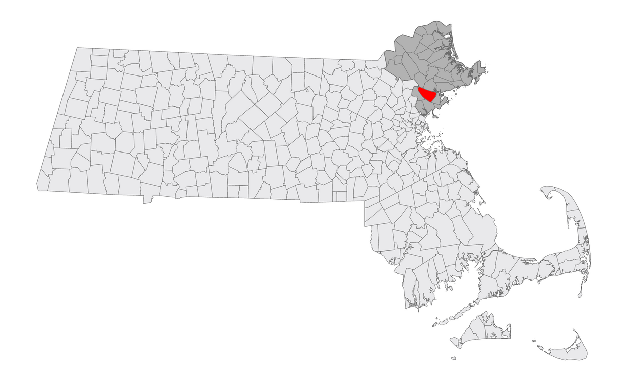 A map of MA with Peabody highlighted 