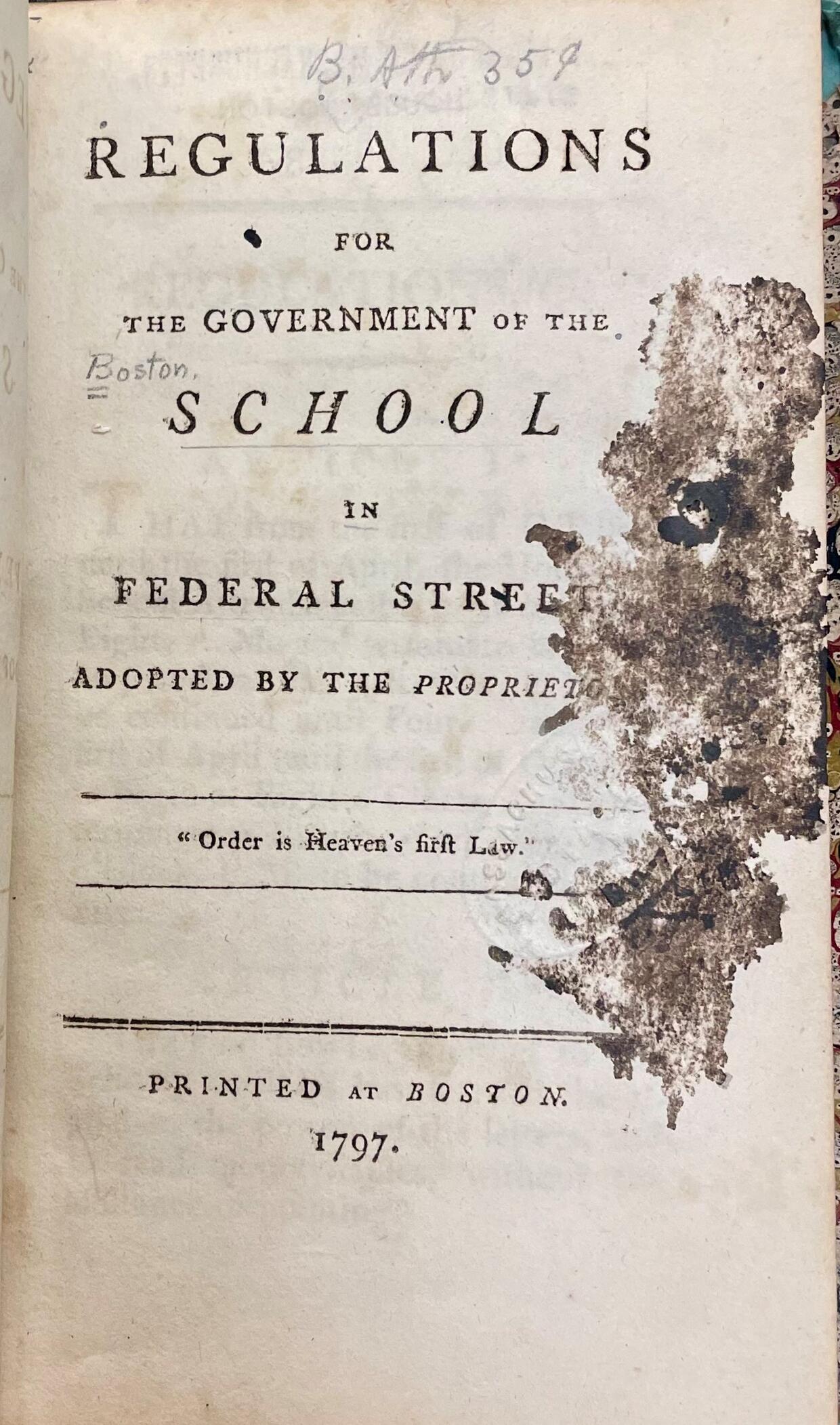 Title page from Regulations for the Government of the School in Federal Street (1797)