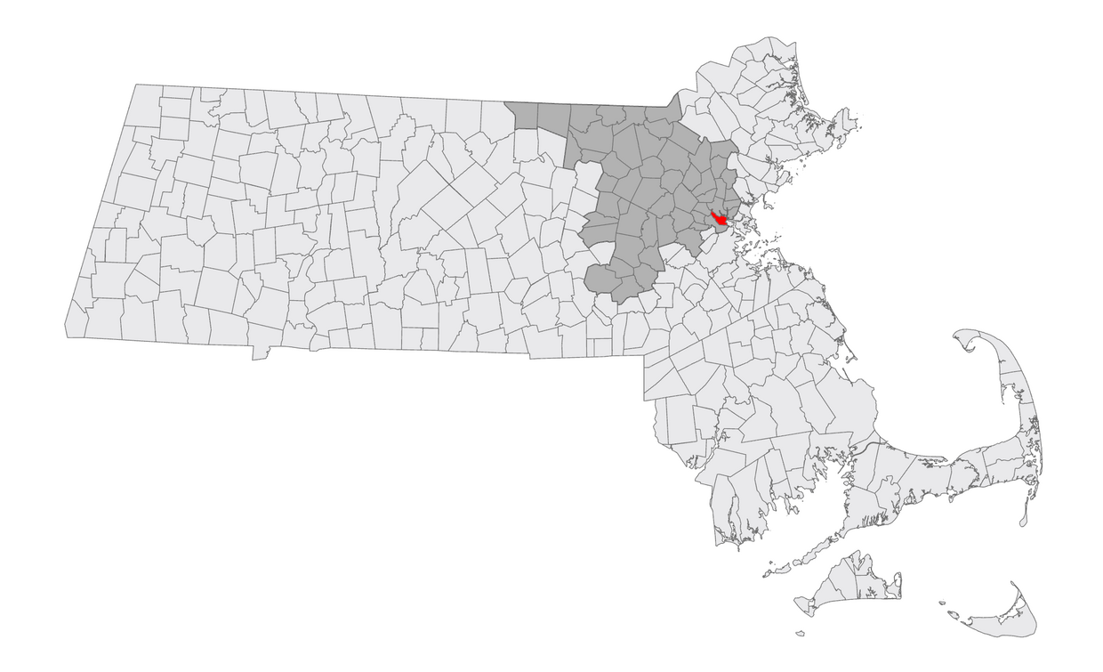 A map of MA with Somerville highlighted 