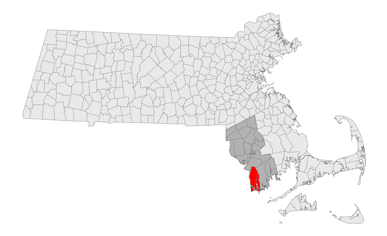 A map of MA with Westport highlighted 