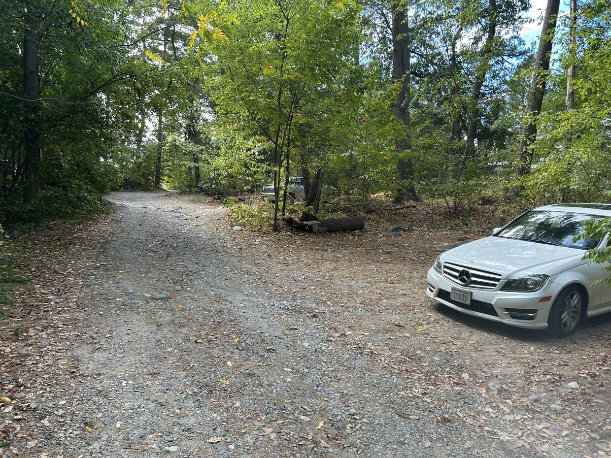A small dirt parking area on a gravel access road surrounded by trees.