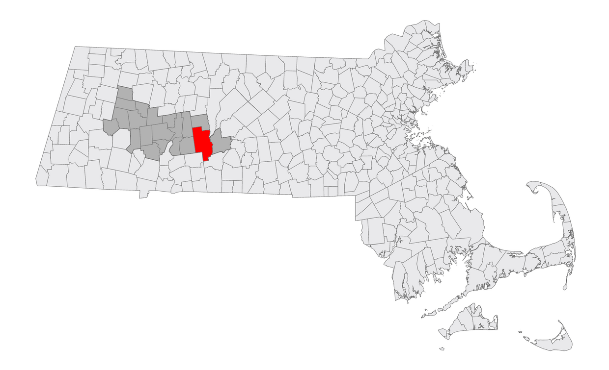 A map of MA with Belchertown highlighted 
