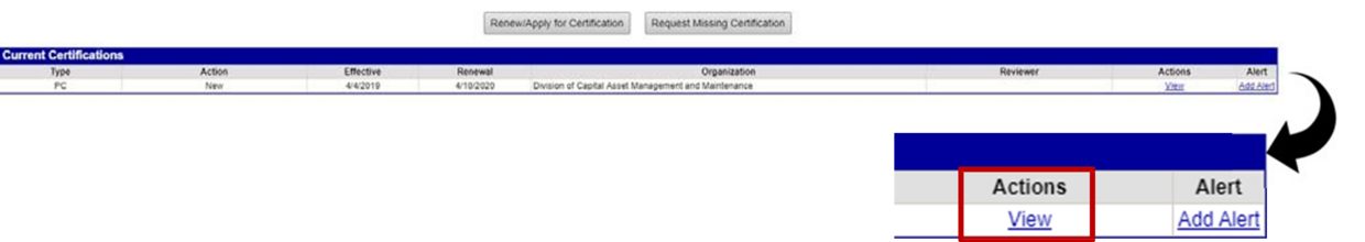 Current Certification screen with call out