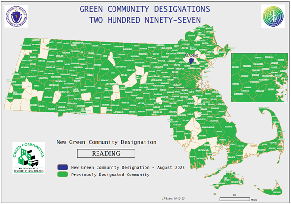 Map of Massachusetts showing municipalities that have reached Green Community Designation Status
