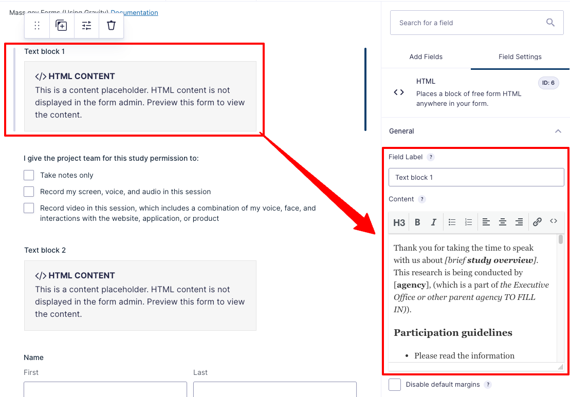 Screenshot of where in the form editor you’ll add the first block of text from your consent form document to the form.