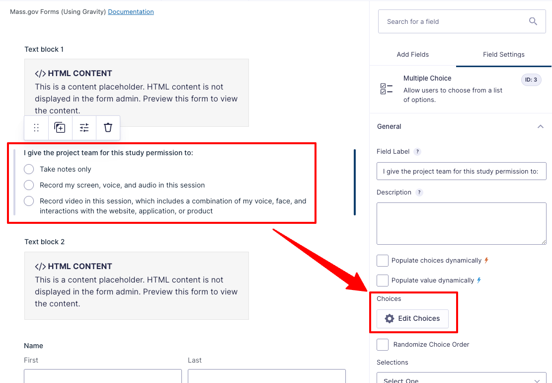 Screenshot of where in the form editor you can edit the types of permissions checklist of your consent form.