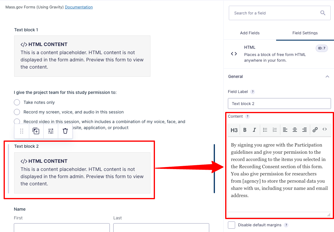 Screenshot of where in the form editor you’ll add the second block of text from your consent form document to the form.