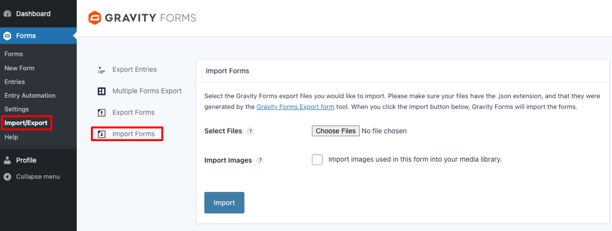 Screenshot of the form import page, where you can import your template form file.