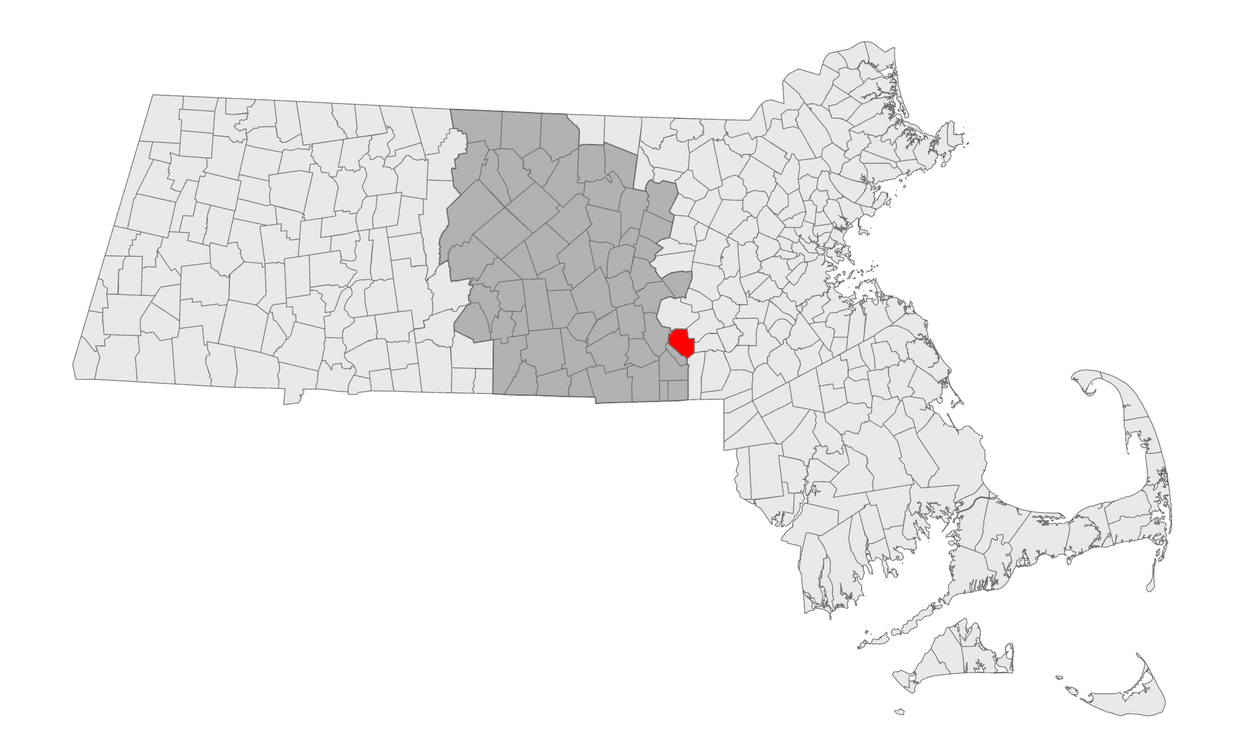A map of MA with Milford highlighted 