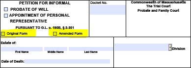A sample section of a Petition for Informal Probate of Will/Appointment of Personal representative (MPC 150). "Original Form" and "Amended Form" are highlighted