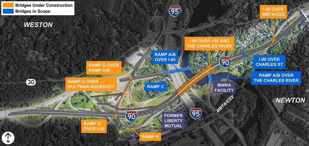 Aerial view of work area denoting lane and ramp closures.