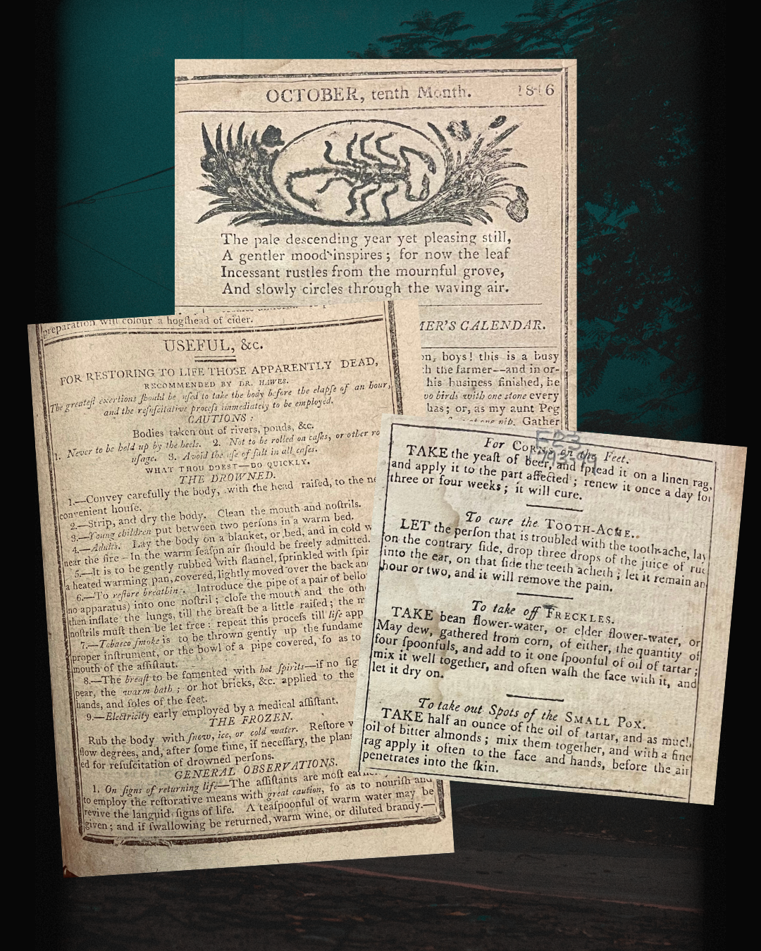 Pages from The Farmer's Almanac featuring a recipe (1793), remedy (1807), and verse (1816) 