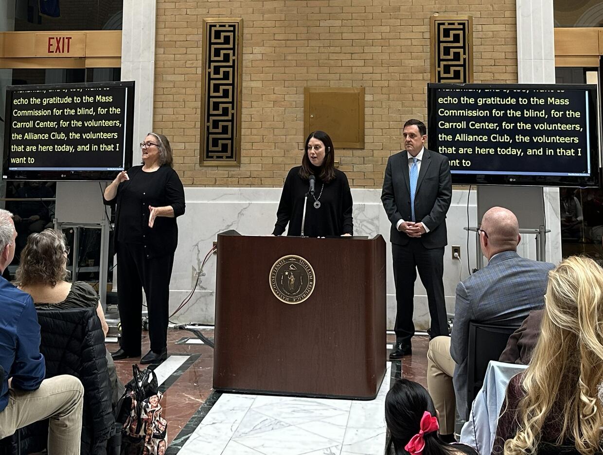 State Senator Robyn Kennedy speaks at the podium with Representative Jay Livingstone standing beside her.
