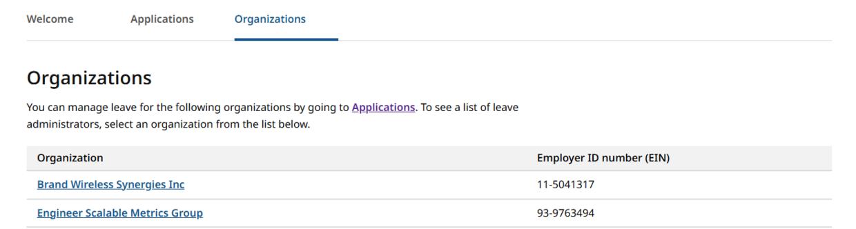 screenshot of the organizations list in the PFML employer portal.