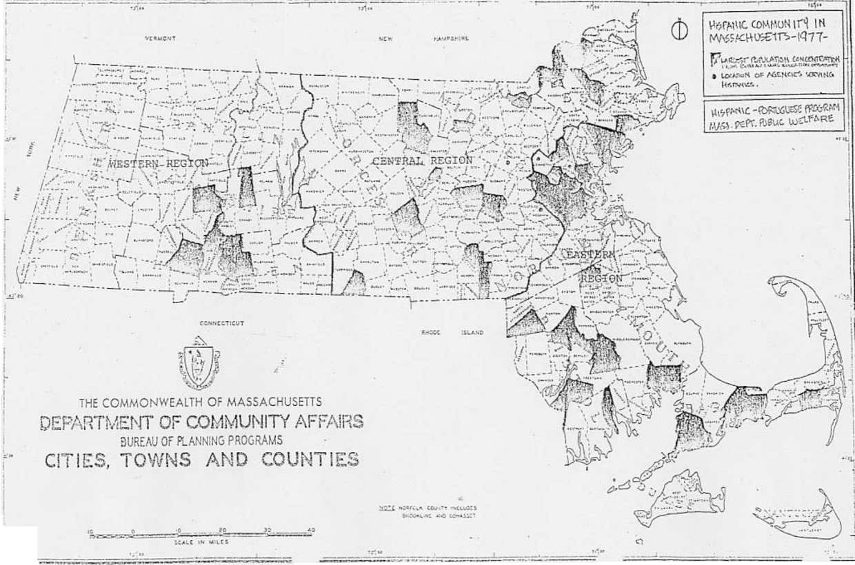A 1977 map of Massachusetts cities and towns with large Hispanic populations and the locations of agencies serving those communities.