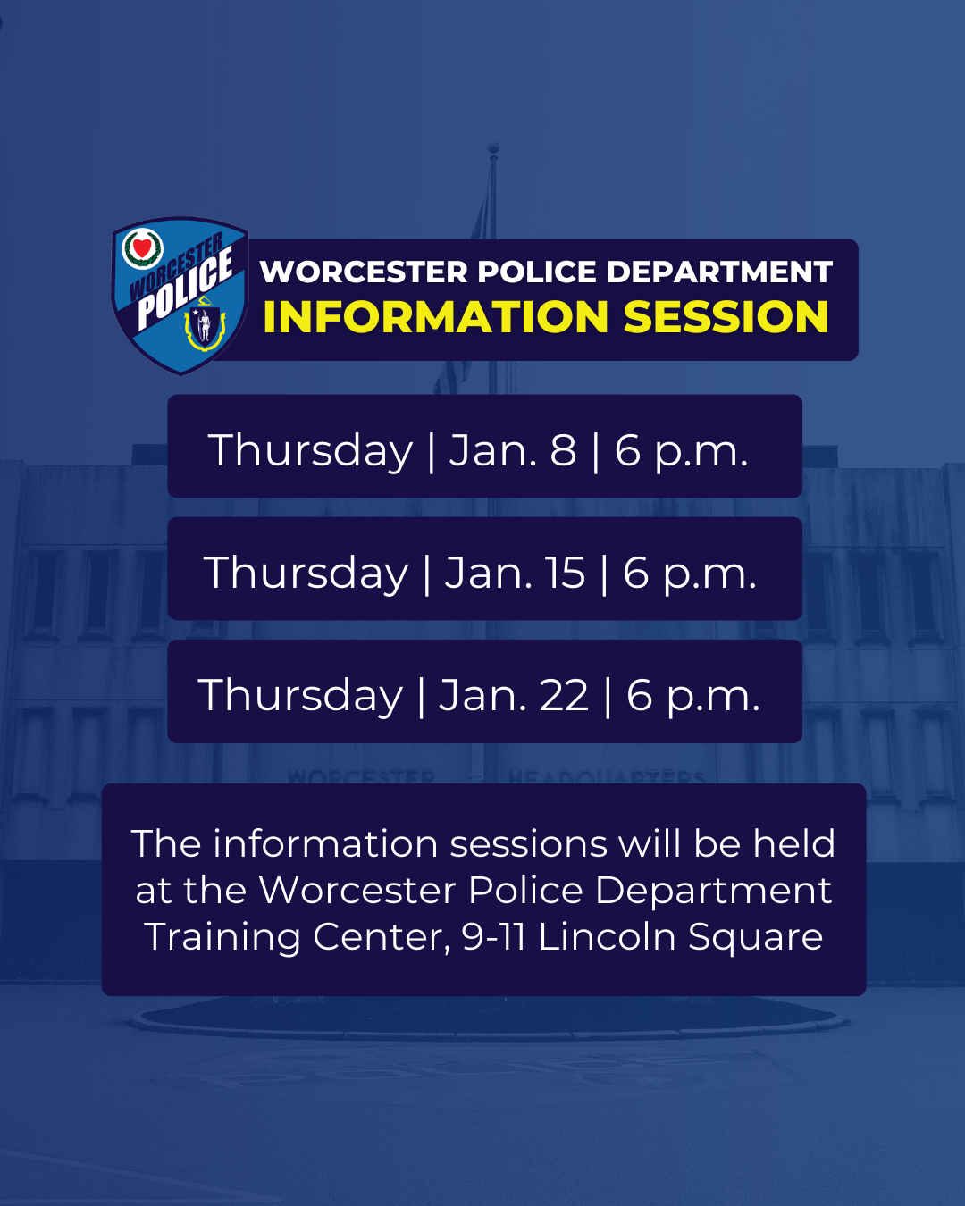 Information flyer with dates of sessions. January 8, January 15, and January 22 from 6PM to 8PM