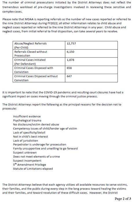 This object is an image showing page 2 of 3 of the fiscal year 2022 Report on the Status of Child Abuse and Neglect Cases and its design and text. More information in caption.