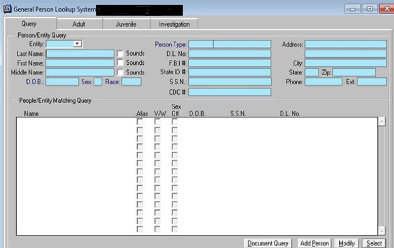 This object is an image showing the case management system’s general person lookup system module. The module has different fields for the user to query specific people, such as name, date of birth, address, and any known aliases.