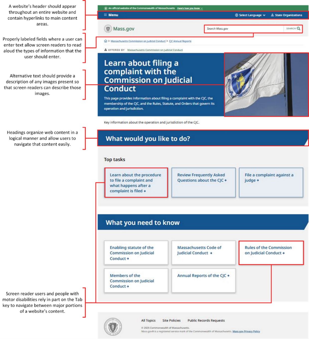 This object is a screenshot showing one of the auditee’s webpages with explanations on how accessibility standards make websites more inclusive. The screenshot highlights how different elements of a webpage (e.g., multiple headings for different sections) can contribute to that webpage’s level of accessibility. More information in caption.