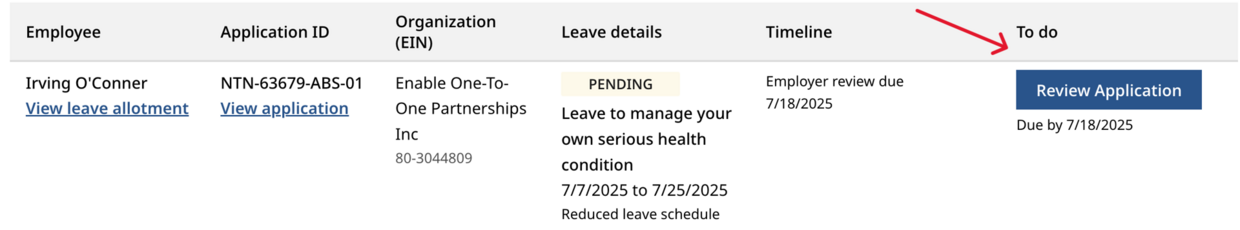 screenshot of the leave administrator view in the PFML employer portal
