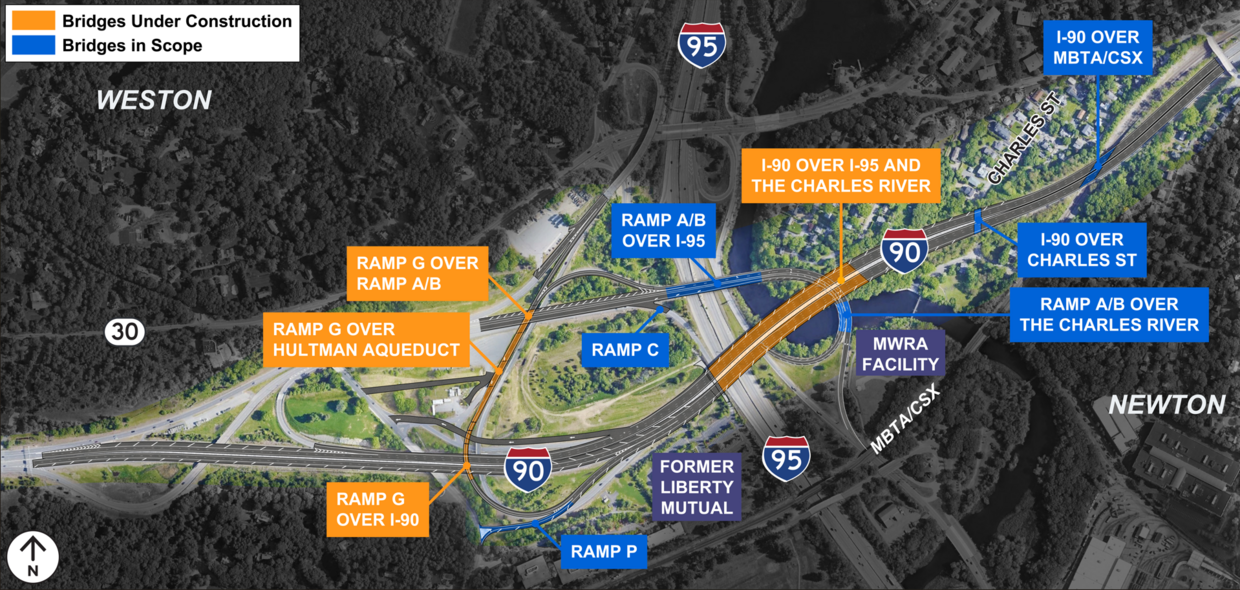 Map showing bridges under construction and bridges in scope. 