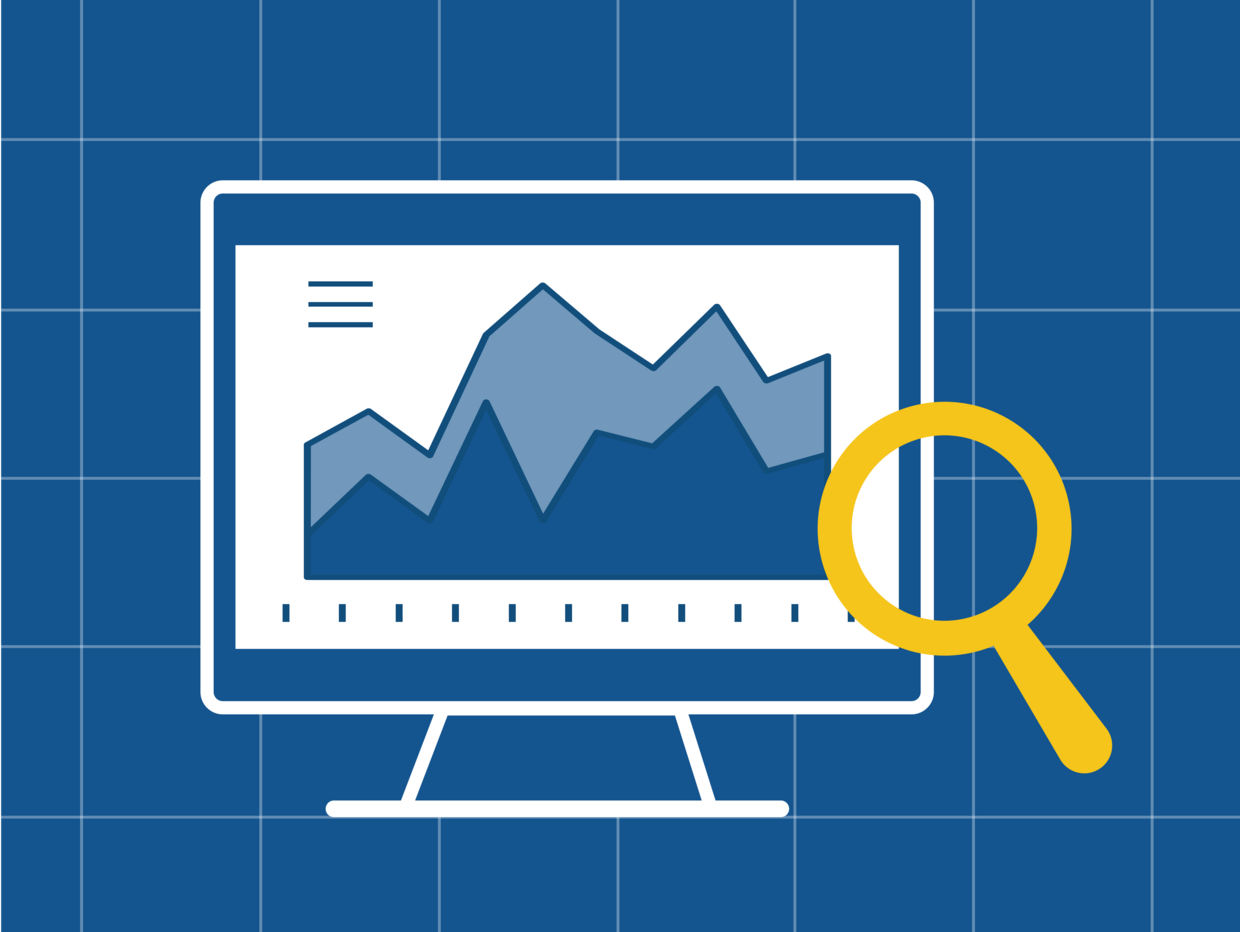 Computer monitor showing a data visualization chart with a magnifying glass, representing exploring public data and reports.