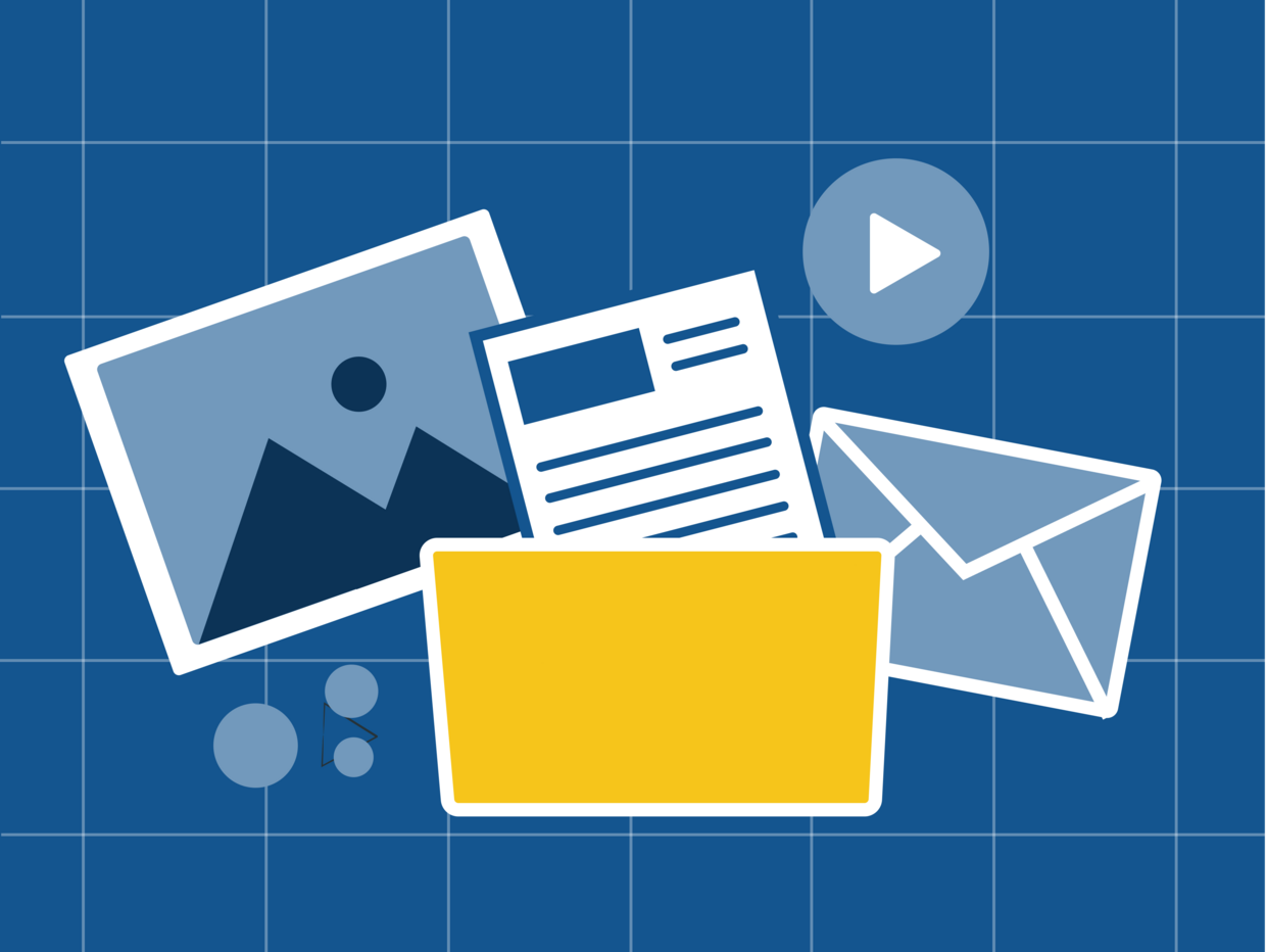 Illustration of a folder containing documents, an envelope, an image, and a play button, representing tools and resources for state employees.