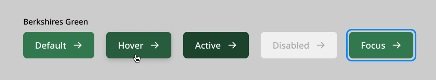 Berkshires Green color interactive buttons showing default, hover, active, disabled, and focus states.