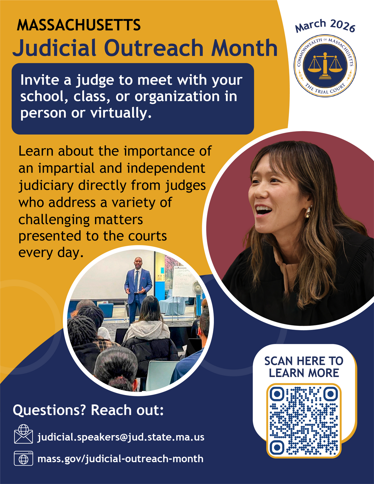 Judicial Outreach Month flyer; details provided in caption. 