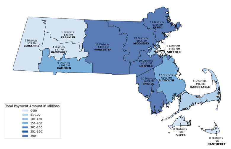 This is a map of Massachusetts, broken down by county, showing the number of school districts that received reimbursement payments and the amounts of those reimbursement payments that MSBA made through the Core Program from January 1, 2020 through December 31, 2024. More information in caption.