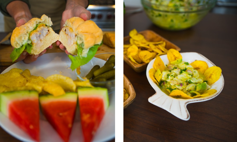 Fish ceviche served in white bowl with plantains, and hake slides held in two hands and served with watermelon. 