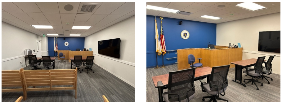 Benches, tv and judge's desk in DALA's hearing room