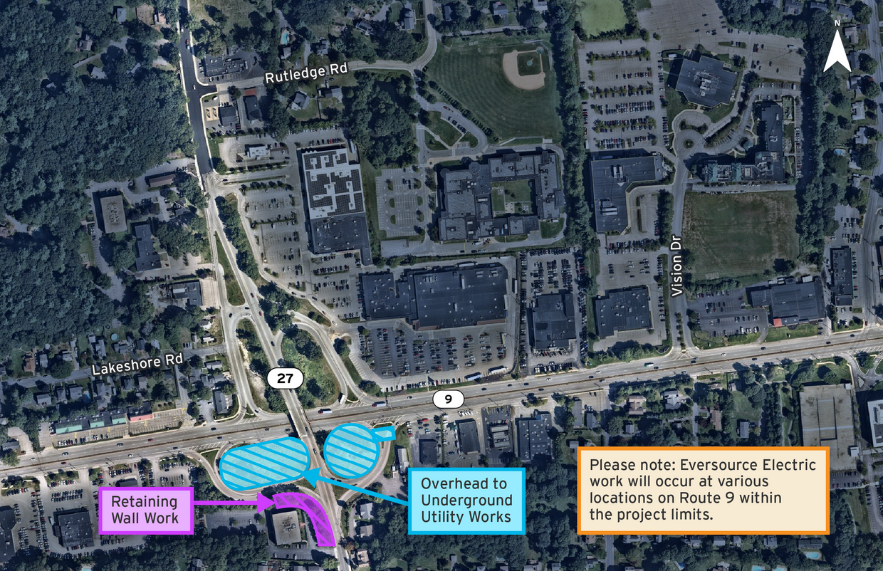Aerial view of retaining wall and utility work locations