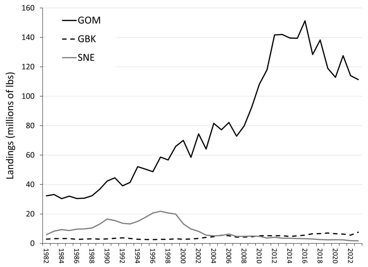 Plot shows US lobster landings from 1982 to 2023. Refer to caption for more information. 