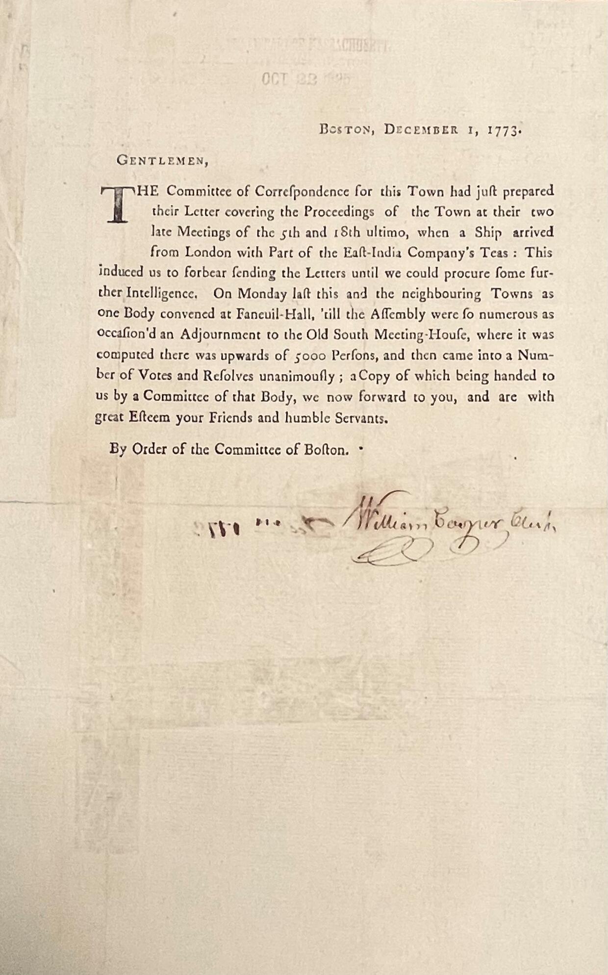 A Letter Regarding the Shipment of Tea, Boston: December 1, 1773