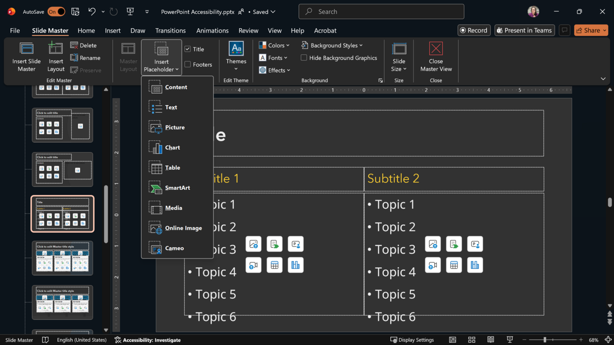 Screenshot of the Slide Masters view in Microsoft PowerPoint with the Placeholders options expanded.