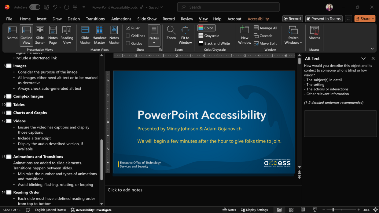 Screenshot of the Outline View of a slide deck in Microsoft PowerPoint