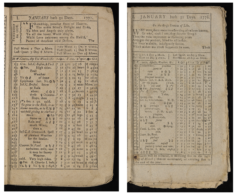 January pages from An Astronomical Diary; Or, Almanack, 1771 and 1778