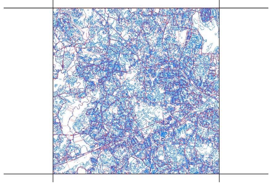 Blue and Red polygons representing land cover and land use