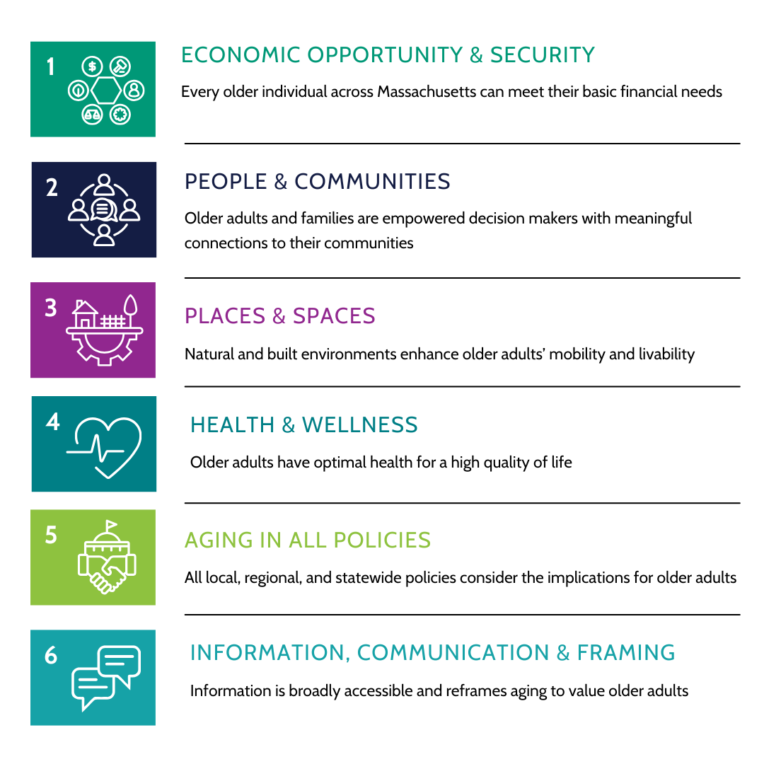 An infographic of the 6 goals outlined in the ReiMAgine Aging plan. 